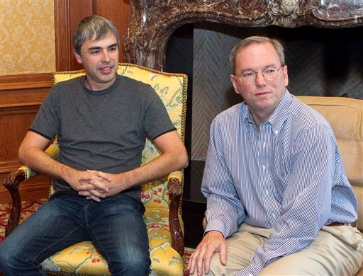 
 In this photo taken July 8, 2010, Google Inc. CEO Eric Schmidt, right, and Google co-founder Larry Page are seen at the annual Allen & Co. Media summit in Sun Valley, Idaho. Page is taking over as CEO in an unexpected shake-up that upstaged the Internet search leader's fourth-quarter earnings Thursday, Jan. 20, 2011. Page, 37, is reclaiming the top job from Schmidt, who had been brought in as CEO a decade ago because Google's investors believed the company needed a more mature leader. (AP Photo/Nati Harnik)
 