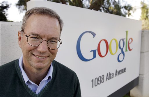 
 Google CEO Eric Schmidt smiles outside of Google headquarters in Mountain View, Calif., Wednesday, Jan. 19, 2011. Internet search leader Google Inc. is scheduled to report its fourth-quarter earnings Thursday, Jan. 20, 2011, after the stock market closes. (AP Photo/Paul Sakuma)
 