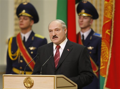 
 Belarusian President Alexander Lukashenko delivers a speech during inauguration ceremony at the Palace of the Republic in Minsk, Belarus, Friday, Jan. 21, 2011. Alexander Lukashenko was sworn in for a fourth term. (AP Photo/Sergei Grits, Pool)
 