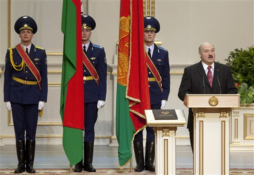 
 Belarus President Alexander Lukashenko speaks after taking the oath during his inauguration ceremony in Minsk, Belarus, Friday, Jan. 21, 2011. (AP Photo/Vasily Fedosenko, Pool)
 