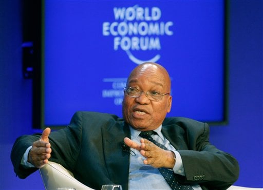 
 South Africa's President Jacob Zuma addresses a session on Climate Change at the World Economic Forum in Davos, Switzerland on Thursday, Jan. 27, 2011. Focus shifts on Thursday to the future of the euro and the issue of climate change. (AP Photo/Michel Euler)
 