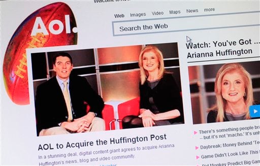 
 Headlines on AOL's website announce that the online company is buying online news hub Huffington Post, Monday, Feb. 7, 2011 in New York. The $315 million deal represents a bold bet on the future of online news. (AP Photo/Mark Lennihan)
 