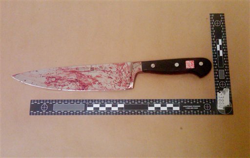 
 This photo released by the New York City Police Department on Saturday, Feb. 12, 2011 shows a blood-stained kitchen knife. According to police, Maksim Gelman used the knife in a 28-hour stabbing rampage on Friday, Feb. 11, that resulted in the deaths of three people by knife wounds and a fourth who was run down by Gelman driving a hijacked car as he made his getaway. (AP Photo/NYPD)
 