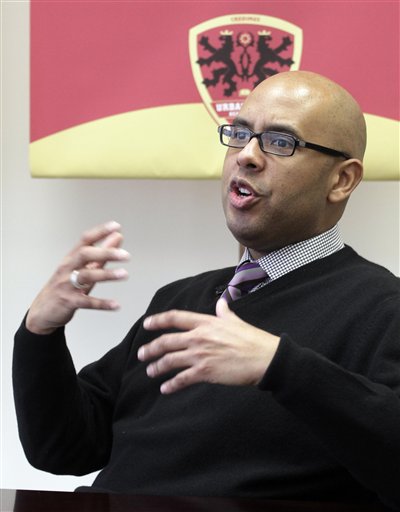 
 In this photo taken Feb. 11, 2011, Tim King, head of Urban Prep Academies, a private network of all-boys schools, where for two straight years every senior has been accepted to 4-year colleges and universities, is seen during an interview in Chicago with The Associated Press on the challenges that will face Chicago's next mayor. The election is Feb. 22, 2011. (AP Photo/M. Spencer Green)
 