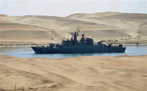
 The Iranian navy frigate IS Alvand passes through the Suez canal at Ismailia, Egypt, Tuesday, Feb.22, 2011. The frigate, accompanied by the replenishment ship IS Kharg, entered the Suez Canal on Tuesday enroute to Syria, officials said, the first time in three decades that Tehran has sent military ships through the strategic waterway.(AP Photo)
 