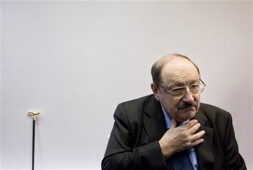 
 Italian writer Umberto Eco speaks during a press conference at the 25th Annual Book Fair in Jerusalem, Wednesday, Feb. 23, 2011. Celebrated Italian writer Umberto Eco said Wednesday boycotting scholars for their governments' policies is 'a form of racism' and 'absolutely crazy.' But he says he faced no pressure from colleagues to boycott a book fair in Jerusalem to protest Israel's treatment of the Palestinians. (AP Photo/Sebastian Scheiner)
 
