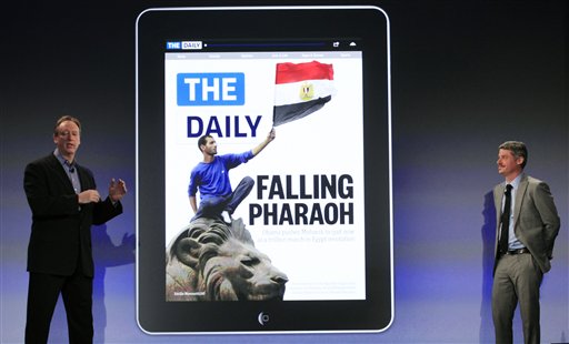 
 Jon Miller, left, CEO of Digital Media Group of News Corp. and Jesse Angelo, the editor of The Daily, attend the launch of The Daily, Wednesday, Feb. 2, 2011 in New York. The Daily is the world's first iPad-only newspaper. (AP Photo/Mark Lennihan)
 