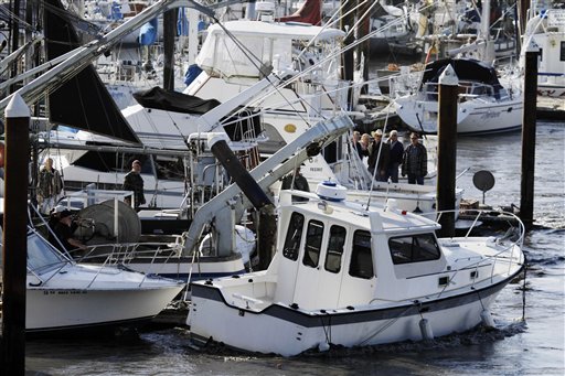 
 A boat sinks into the ocean in the aftermath of the surge caused by a tsunami on the harbor in Santa Cruz, Calif., Friday, March 11, 2011. A ferocious tsunami unleashed by Japan's biggest recorded earthquake slammed into its eastern coast Friday, killing hundreds of people as it carried away ships, cars and homes, and triggered widespread fires that burned out of control. Hours later, the waves washed ashore on Hawaii and the U.S. West coast, where evacuations were ordered from California to Washington but little damage was reported. The entire Pacific had been put on alert _ including coastal areas of South America, Canada and Alaska _ but waves were not as bad as expected. (AP Photo/Marcio Jose Sanchez)
 