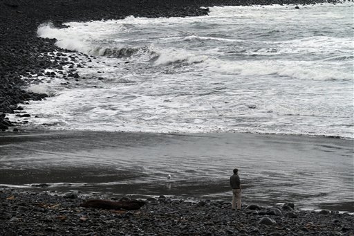 
 A lone person stands on the beach and watches as a surge from a tsunami from the Japanese earthquake hits the rocky coast in Seaside, Ore., Friday, March, 11, 2011. (AP Photo/Don Ryan)
 