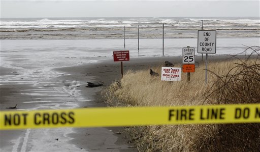 
 Waves common for a stormy springtime day crash into the beach Friday, March 11, 2011 in Moclips, Wash. A Tsunami caused by Thursday's earthquake in Japan reached the west coast of the United States early Friday, though its impact was minimal. (AP Photo/Ted S. Warren)
 