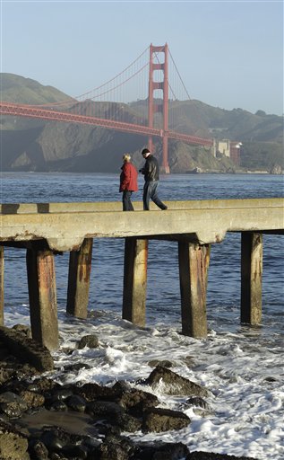 
 With a tsunami warning in effect for Northern California, a man and woman walk along a pier at Fort Point near the Golden Gate Bridge in San Francisco on Friday, March 11, 2011. The warnings came after a 8.9-magnitude earthquake and a tsunami struck Japan. (AP Photo/Jeff Chiu)
 