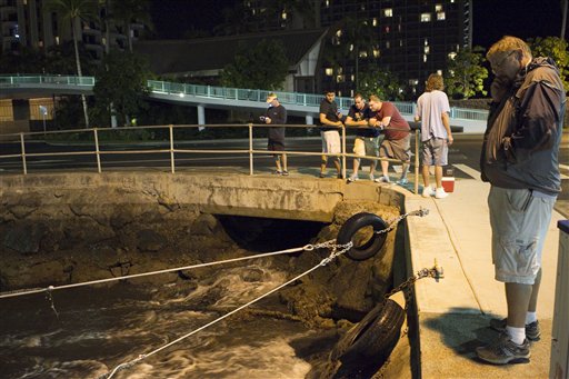 
 People watch the water recede from Hobron Harbor in Honolulu on Friday, March 11, 2011. Tsunami waves swamped Hawaii beaches before dawn Friday but didn't cause any major damage after devastating Japan. (AP Photo/Marco Garcia)
 