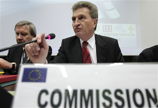 
 European Commissioner for Energy Guenther Oettinger attends a hastily convened meeting of energy ministers, nuclear regulators and industry officials in Brussels, Tuesday, March 15, 2011. The European Union on Tuesday considers stress tests to see how its 143 nuclear plants would react in emergencies and says it might have to reassess the construction procedures in the wake of Japan's crisis. (AP Photo/Yves Logghe)
 