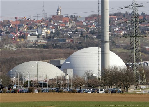 
 The nuclear plant of Neckarwestheim, southern Germany, photographed on Tuesday, March 15, 2011. Germany will take seven of its 17 nuclear reactors offline for three months while the country reconsiders plans to extend the life of its atomic power plants in the wake of events in Japan, Chancellor Angela Merkel said Tuesday March 15, 2011. They are: Biblis A and Biblis B, Neckarwestheim 1, Brunsbuettel, Isar I , Unterweser and Philippsburg. (AP Photo/Michael Probst)
 