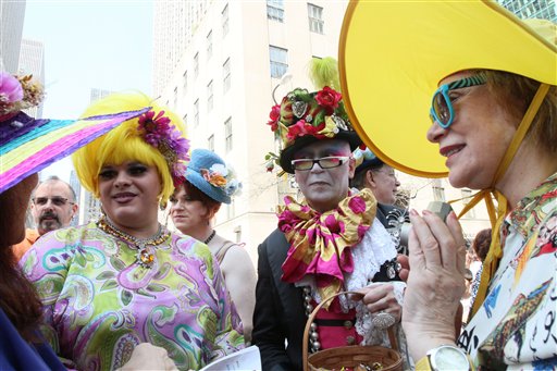 
 Mariette Pathy Allen, right, and others talk with other participants in the Easter Day parade along New York's Fifth Avenue on Sunday, April 24, 2011. (AP Photo/Tina Fineberg)
 