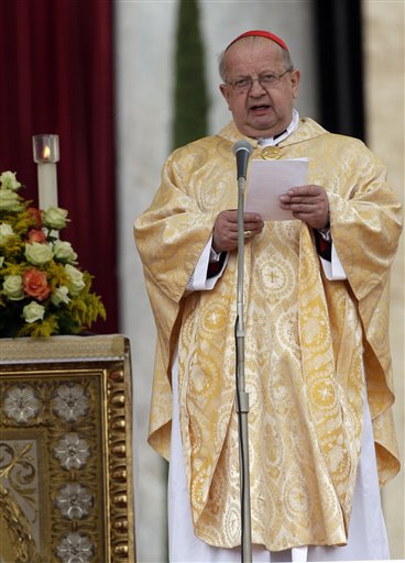 
 Former late Pope John Paul II personal secretary Cardinal Stanislaw Dziwisz reads his message during a thanksgiving Mass in St. Peter's Square at the Vatican, Monday, May 2, 2011. Tens of thousands of Catholic faithful have filled St. Peter's Square for a Mass of thanksgiving for the beatification of John Paul II. The Mass is being celebrated by the Vatican No. 2, Cardinal Tarcisio Bertone. Among the large crowds entering the square Monday were many Poles overjoyed at Sunday's beatification of the Polish-born pontiff. After Sunday's beatification, about 250,000 faithful filed past John Paul's simple wooden coffin in St. Peter's Basilica. The pope had been buried in the grottoes underneath the church, but his closed casket was brought to the church's center aisle ahead of the beatification. (AP Photo/Pier Paolo Cito)
 