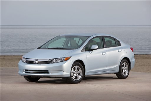 
 This Aug. 9, 2011 photo, shows a 2012 Honda Civic Natural Gas named 2012 Green Car of the Year. American Honda Motor Co., Inc., reported Wednesday, Jan. 4, 2012, December monthly new-vehicle sales of 105,230, a decrease of 18.8 percent on a daily selling-rate* basis. (AP Photo/American Honda Motor Co., Inc.)
 