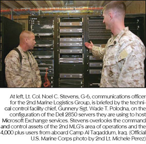 At left, Lt. Col. Noel C. Stevens, G-6, communications officer for the 2nd Marine Logistics Group, is briefed by the technical control facility chief, Gunnery Sgt. Wade T. Polodna, on the configuration of the Dell 2850 servers they are using to host Microsoft Exchange services. Stevens overlooks the command and control assets of the 2nd MLG’s area of operations and the 4,000 plus users from aboard Camp Al Taqaddum, Iraq. (Official U.S. Marine Corps photo by 2nd Lt. Michele Perez)