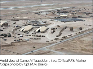 Aerial view of Camp Al Taqaddum, Iraq. (Official U.S. Marine Corps photo by Cpl. M.M. Bravo)