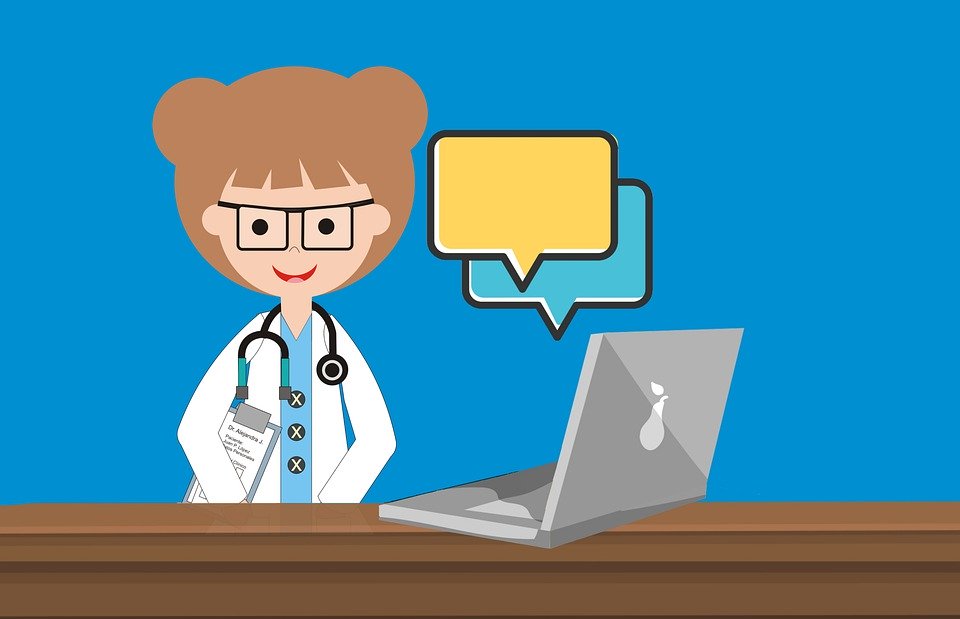 Illustration of a healthcare professional chatting on a laptop.